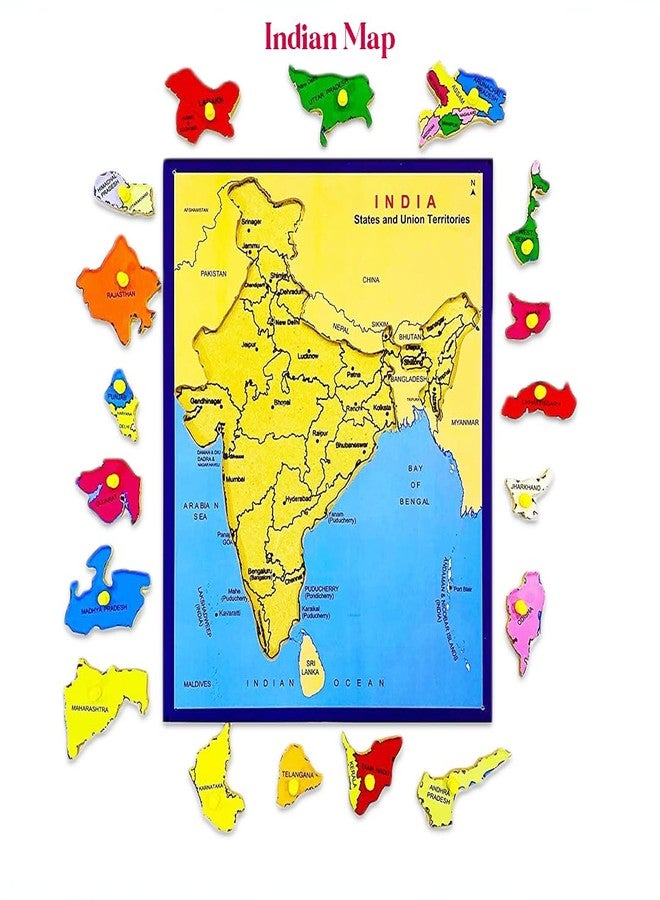 Khilonewale Kid's Large Size India Map Wooden Puzzle for Kids - BIS Compliant | Educational Toy with Plastic Knobs | Learn States, Capitals & More | Gift for 3+ Years | - Image 3